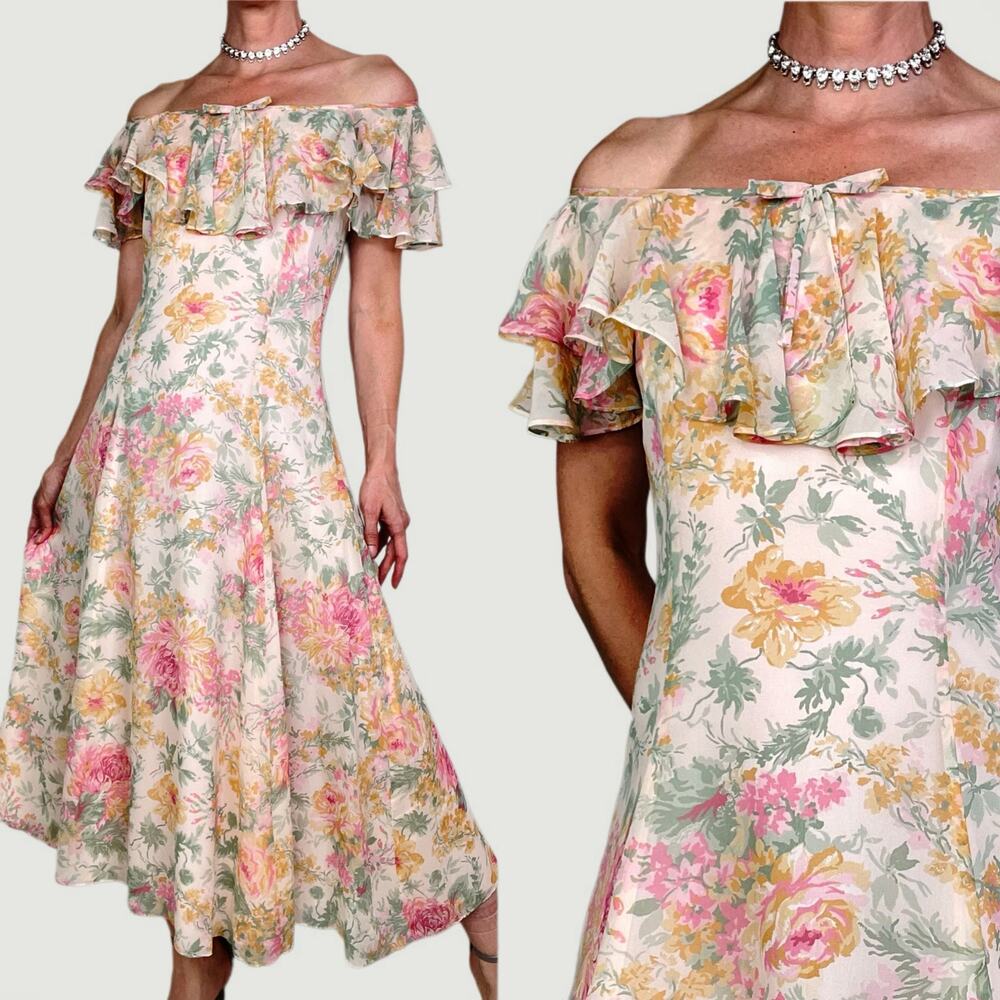 Laura Ashley‎ 100% silk floral maxi dress ruffle sleeve bow chiffon sundress 6